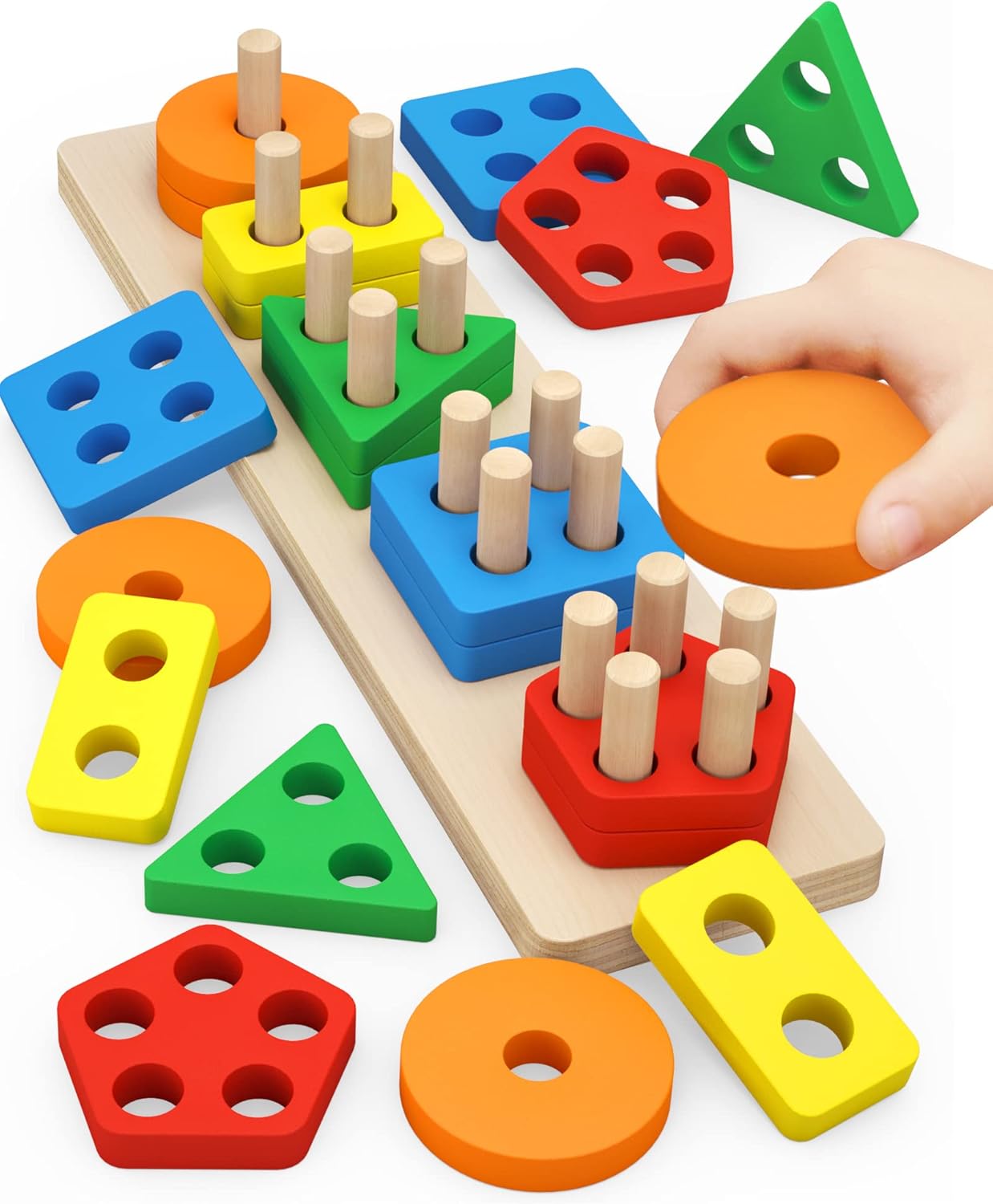 Montessori Toys for 1 to 3-Year-Old Boys Girls Toddlers, Wooden Sorting & Stacking Toys for Toddlers and Kids Preschool, Educational Color Recognition Shape Sorter, Learning Puzzles Gift
