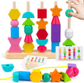 Montessori Wooden Beads Sequencing Toy Set, Stacking Blocks & Lacing Beads & Matching Shape Stacker, Montessori Toys for 3 4 5 Year Old STEM Preschool Learning Toys Gifts for Kids Boy Girl Toddler