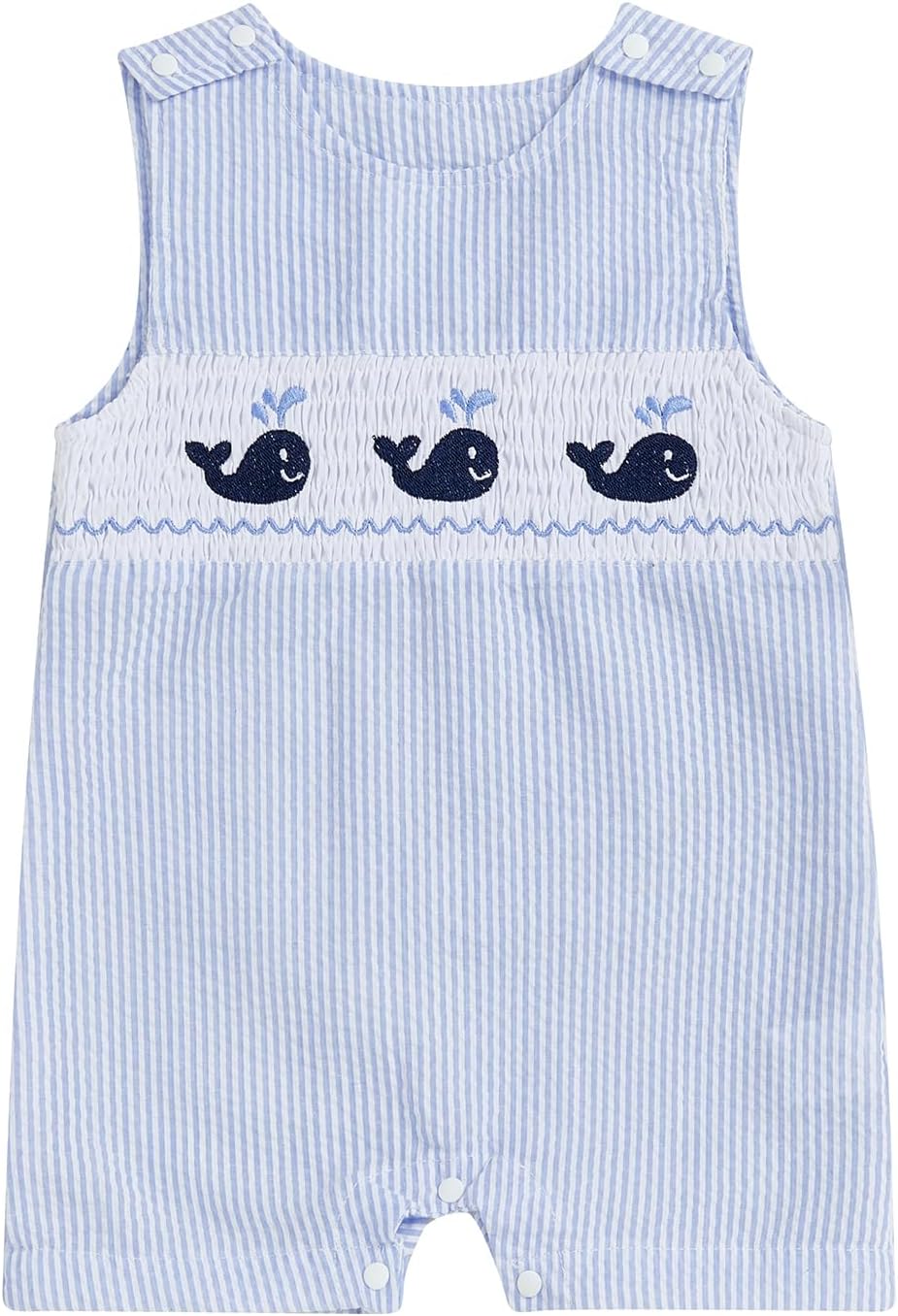 Newborn Baby Boys Sleeveless Seersucker Romper One Piece Straps Overalls Striped Jumpsuit Summer Smocked Clothes