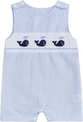 Newborn Baby Boys Sleeveless Seersucker Romper One Piece Straps Overalls Striped Jumpsuit Summer Smocked Clothes