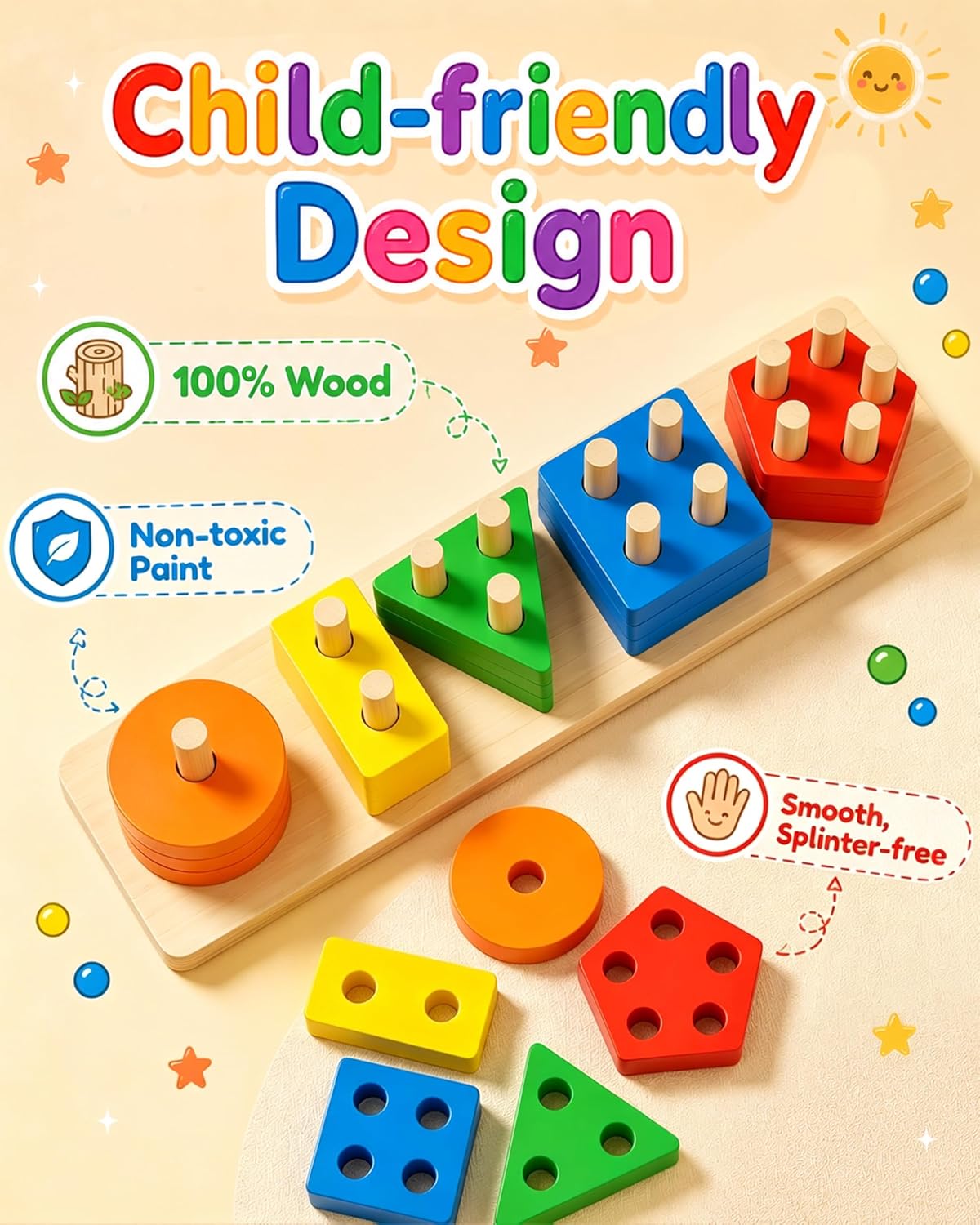 Montessori Toys for 1 to 3-Year-Old Boys Girls Toddlers, Wooden Sorting & Stacking Toys for Toddlers and Kids Preschool, Educational Color Recognition Shape Sorter, Learning Puzzles Gift