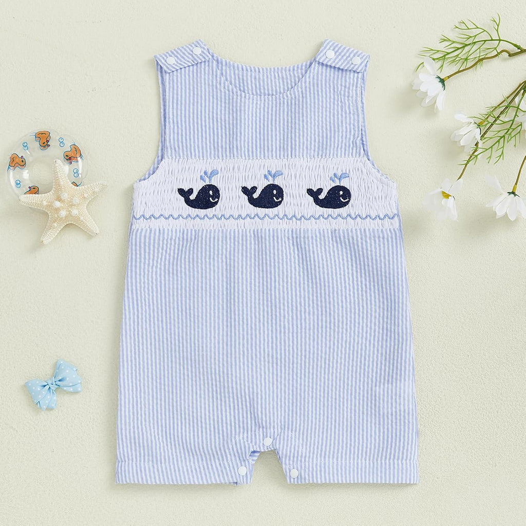 Newborn Baby Boys Sleeveless Seersucker Romper One Piece Straps Overalls Striped Jumpsuit Summer Smocked Clothes